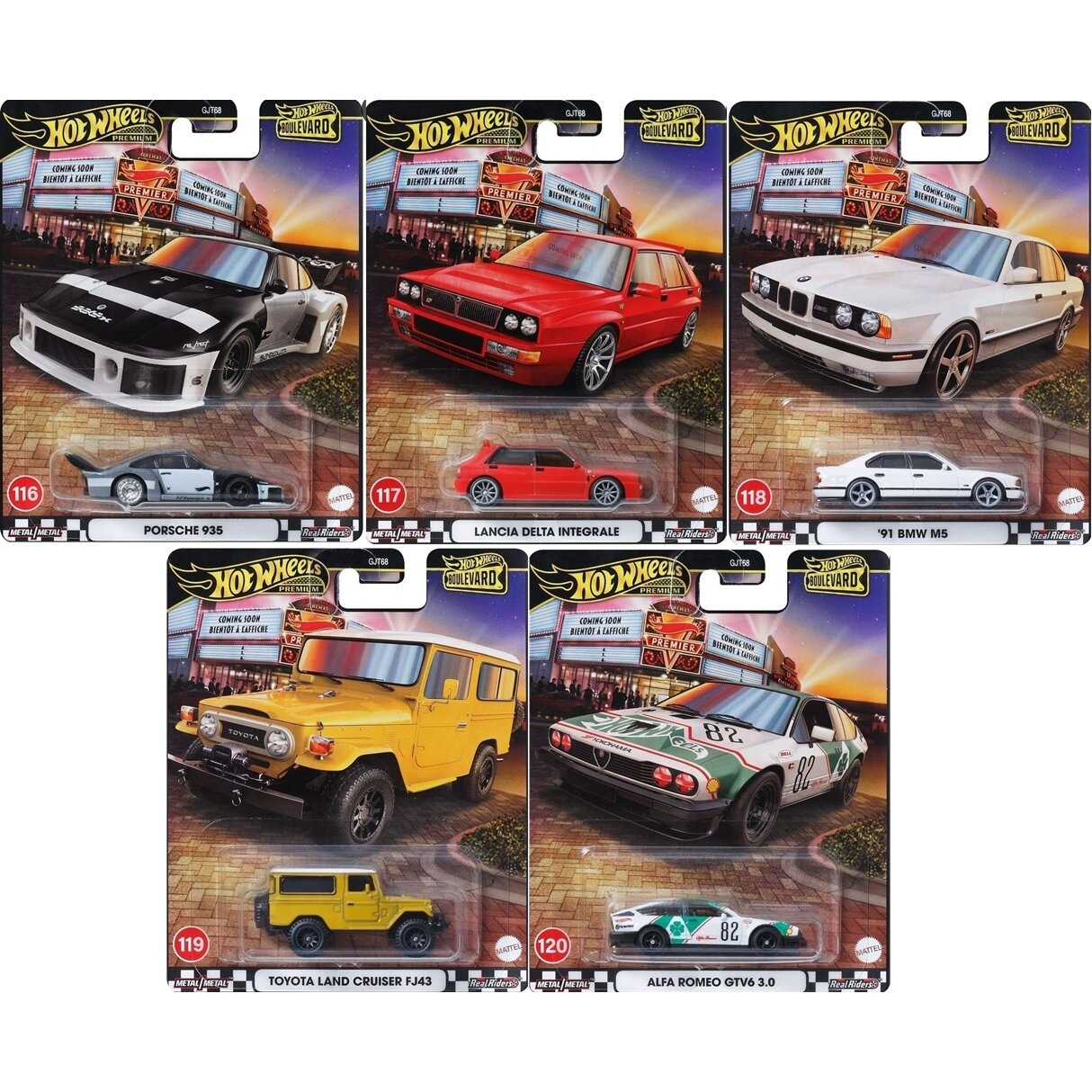 Hot Wheels Premium Boulevard 116-120 Modeliukų rinkinys (Porsche 935,Lancia Delta Integrale,91 BMW M5 E34,Toyota land Cruiser,Alfa Romeo GTV6) (yra Sandėlyje)
