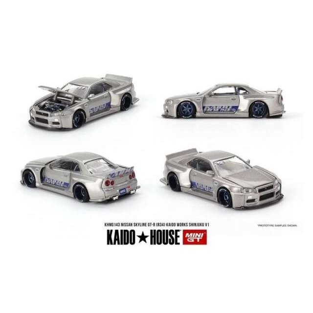 Mini GT Modeliukas 1999 Kaido House Nissan Skyline GT-R (R34) Shinjuku V1, silver/blue