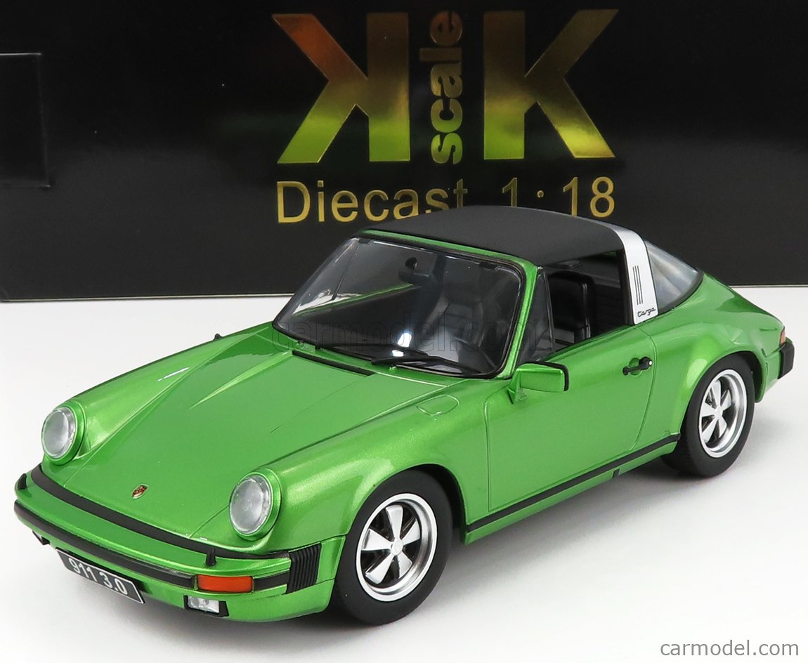 PRE-ORD3R KK Scale Modeliukas 1/18 1977 Porsche 911 Carrera 3.0 Targa with Removable Targa Roof, green