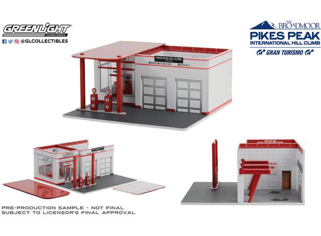 PRE-ORD3R GreenLight Dioramos Maketas Vintage Gas Station Pikes Peak Hill Climb Official Refueling Station *Mechanic's Corner Series 10*