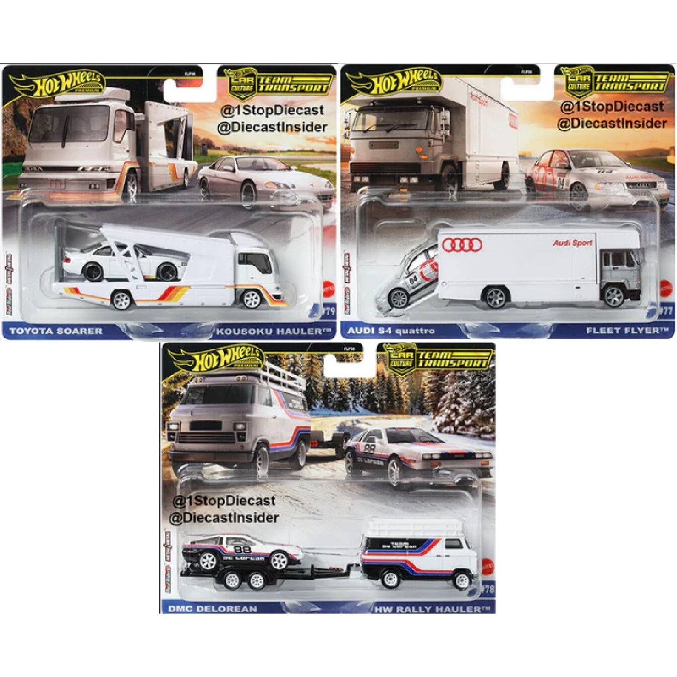 Hot Wheels Premium Team Transport Modeliukų rinkinys (Toyota Soarer,Japan Double Decker,Audi S4 Quattro,DeLorean DMC12 & Rally Van)