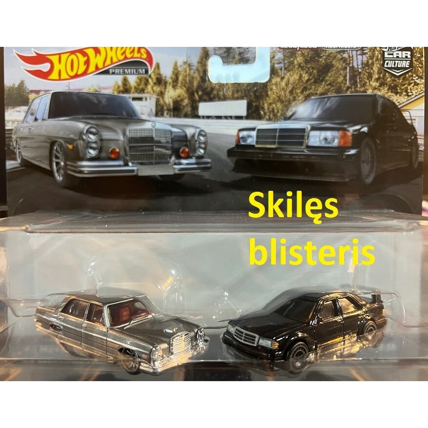 Hot Wheels Premium 2-Pack Modeliukas 72 Mercedes Benz 280 SEL 4,5 and Mercedes Benz 190E 2,5-16 (kortelės būklė 9/10, skilęs blisteris)