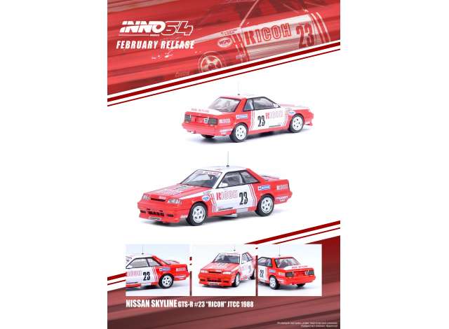 PRE-ORD3R Inno64 Modeliukas 1988 Nissan Skyline GTS-R R31 #23 *Ricoh* JTCC, red/white