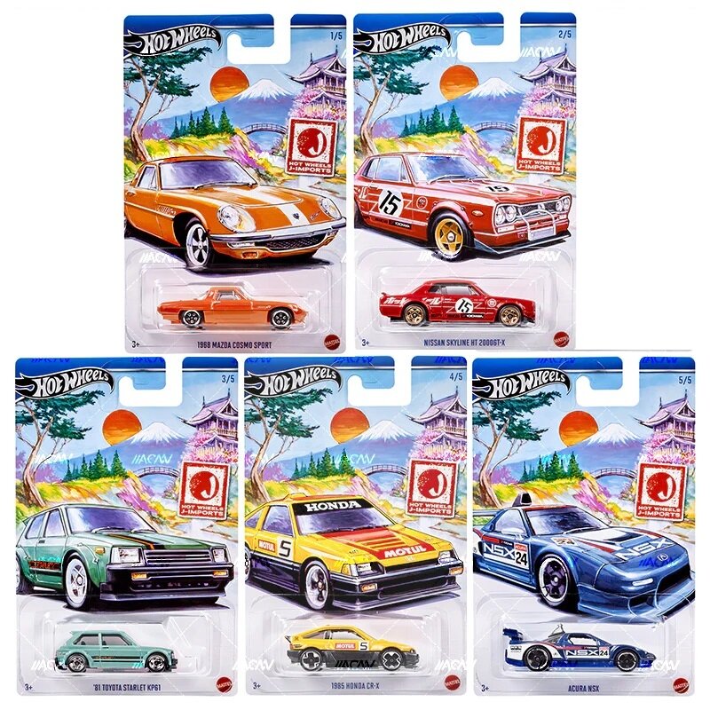 Hot Wheels Hot Japanese Imports Modeliukų rinkinys (Mazda Cosmo,Nissan Skyline,Toyota Starlet,Honda CR-X,Acura NSX)