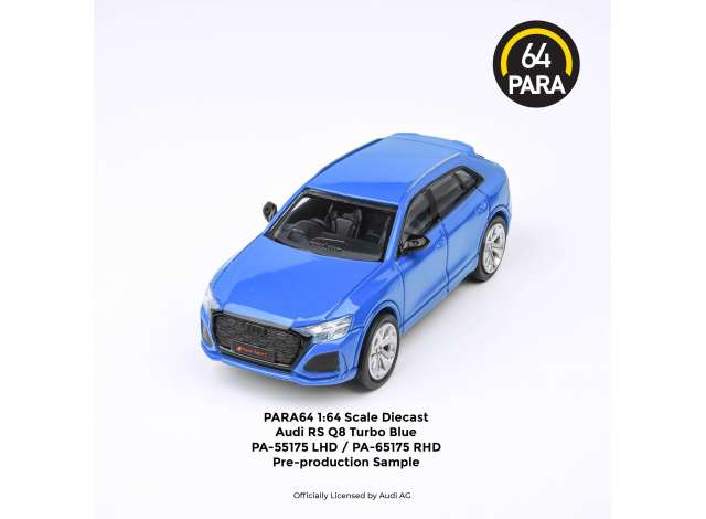 PRE-ORD3R Para64 Modeliukas Audi RS Q8 *Right Hand Drive*, blue (cars in a deluxe Acrylic window box)