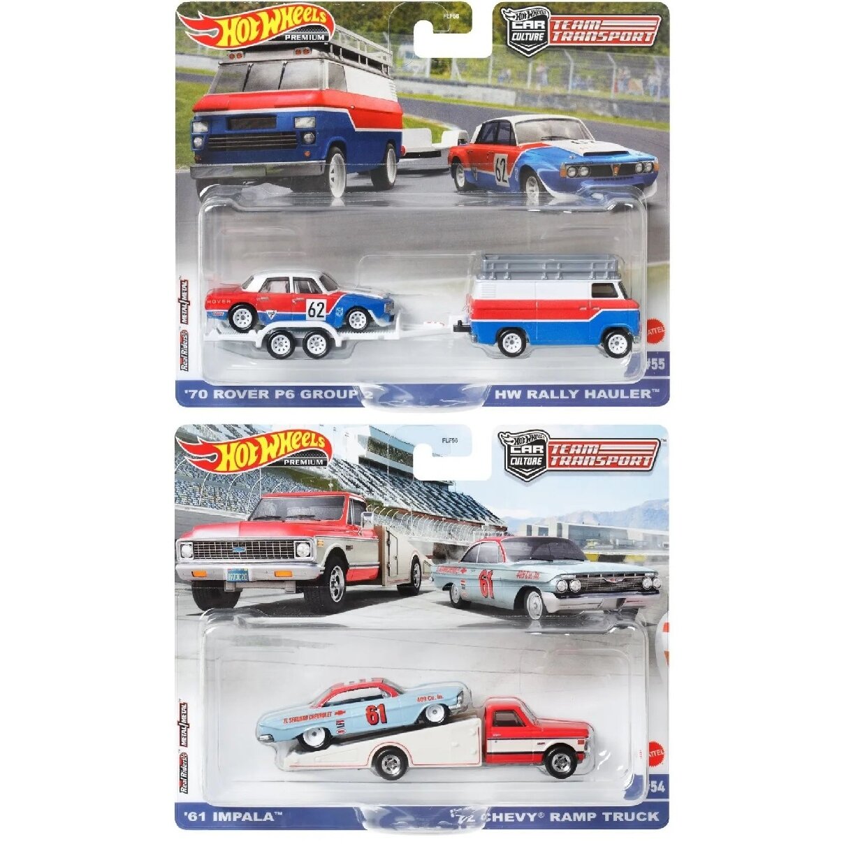 Hot Wheels Premium Team Transport Modeliukas ’70 Rover P6 Group 2 / HW Rally Hauler + ’61 Impala / ’72 Chevy Ramp Truck