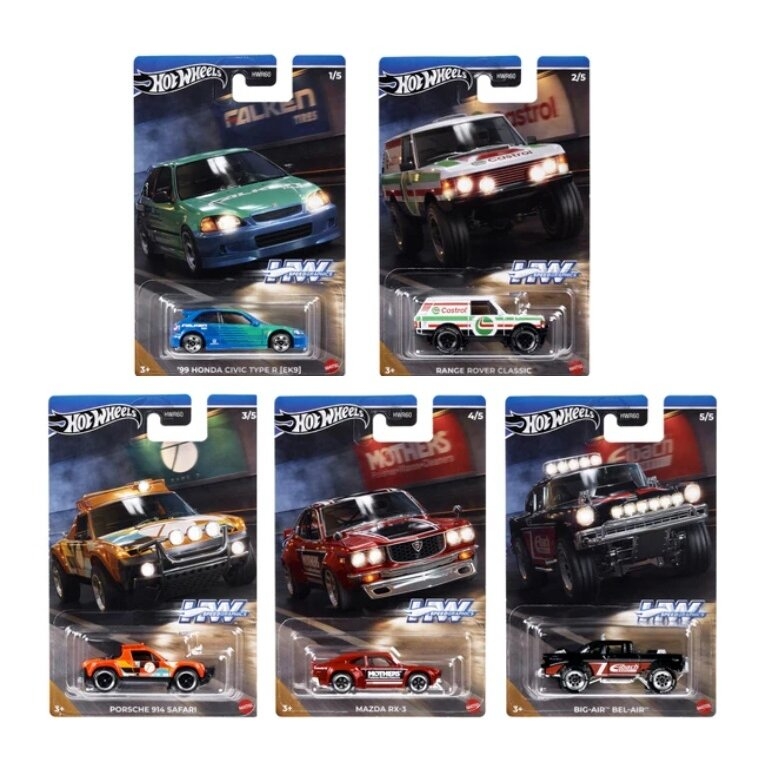 Hot Wheels Speed Graphics Modeliukų rinkinys (Big Air,Porsche 914,Mazda RX-3,Range Rover,1999 Honda Civic Type R EK9) (yra Sandėlyje)