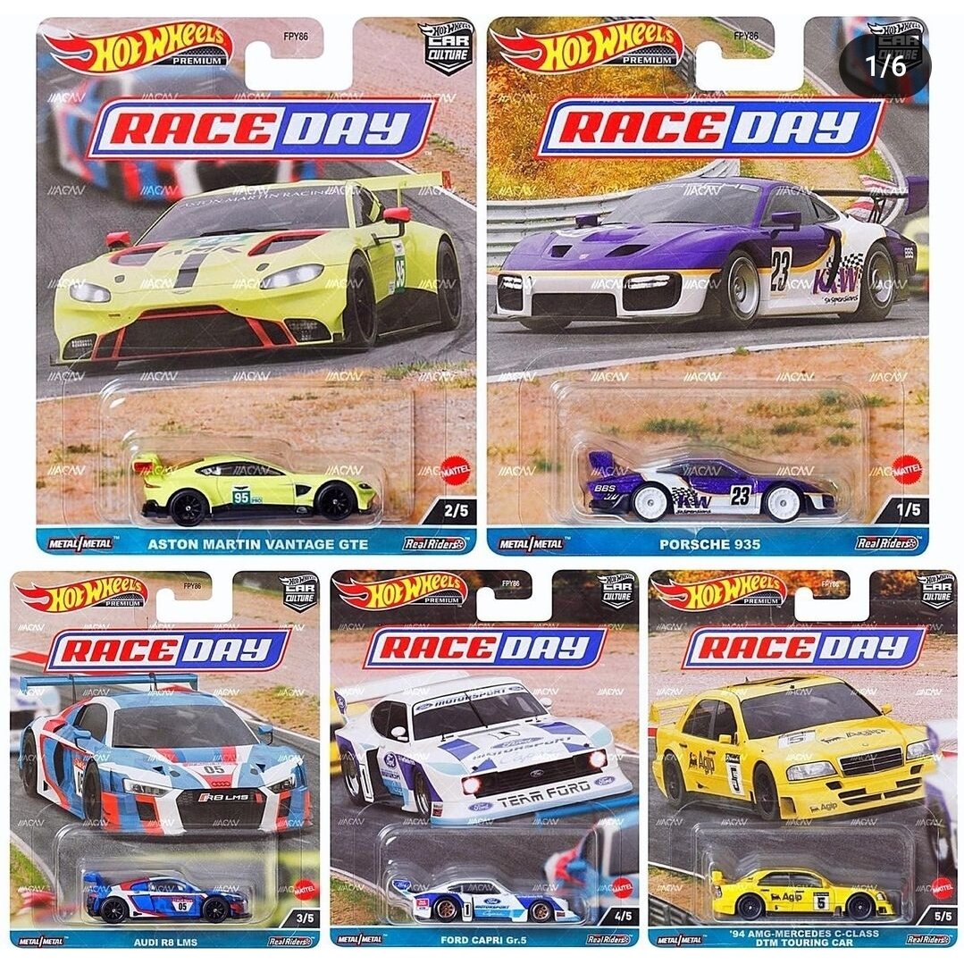 PRE-ORDER Hot Wheels Premium Modeliukas Car Culture Race Day (1977 Ford Capri,Porsche 935,Aston Martin Vantage GTE,Audi R8 LMS,1994 Mercedes Benz C)