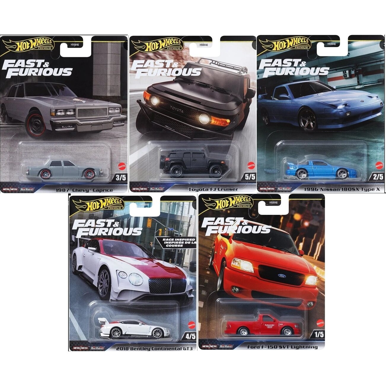 Hot Wheels Premium Fast & Furious Modeliukų rinkinys Ford F-150 SVT,’96 Nissan 180SX,’87 Chevy Caprice,18 Bentley Continental,Toyota FJ Cruiser (yra Sandėlyje)