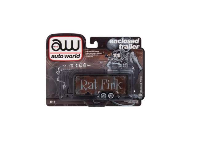 PRE-ORD3R Auto World Modeliukas Rat Fink Enclosed Trailer, Gun Metal Flatz with Rat Rod Graphics