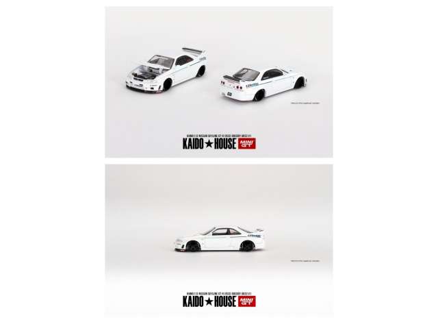 Mini GT Modeliukas 1995 Kaido House Nissan Skyline GT-R (R33) *Greddy*, white (yra Sandėlyje)