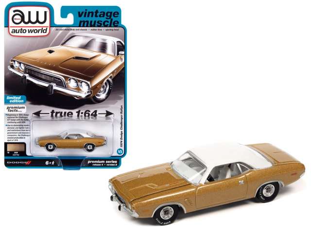 PRE-ORD3R Auto World Modeliukas 1974 Dodge Challenger Rallye, Golden Haze with Flat White Vinyl Roof