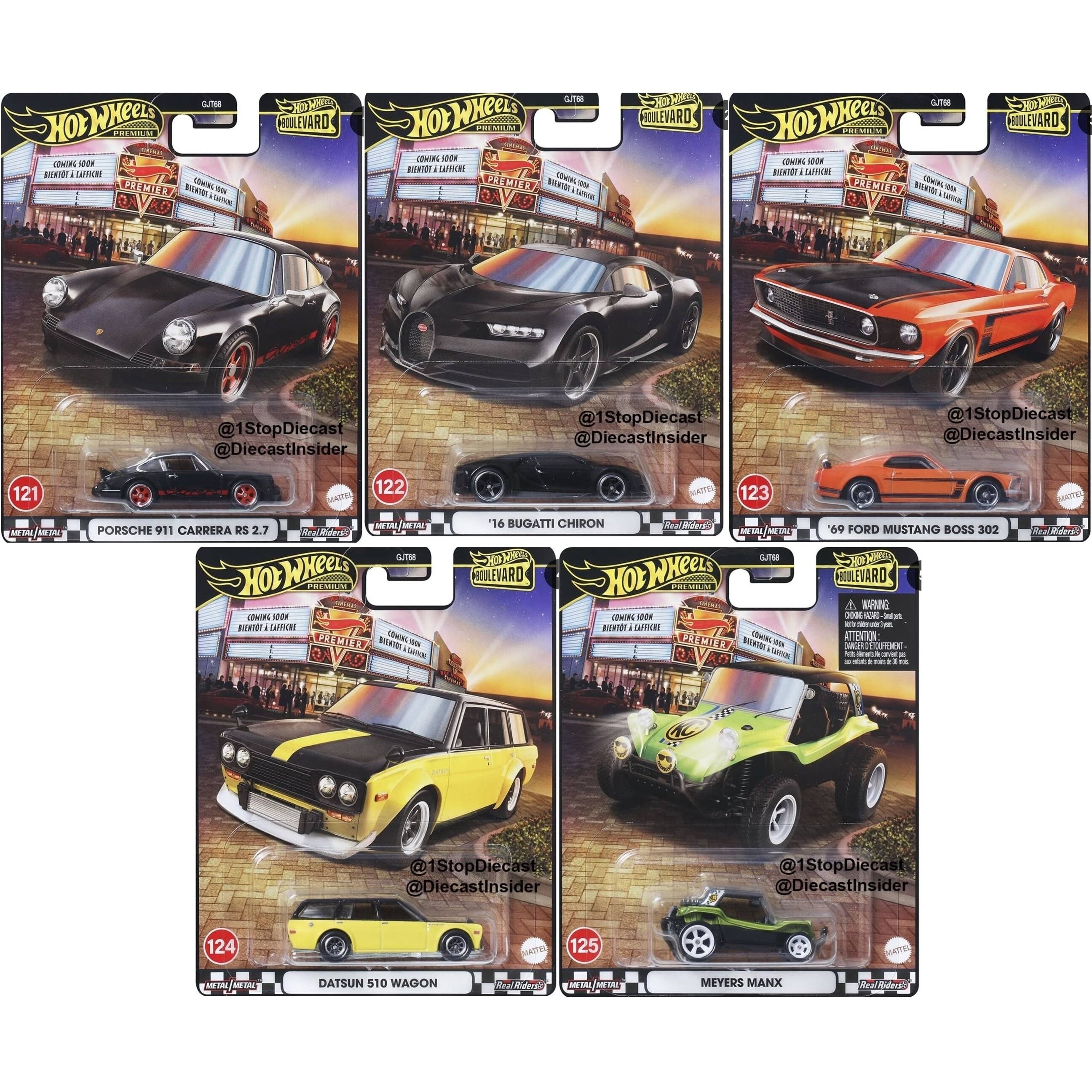 PRE-ORDER Hot Wheels Premium Boulevard 2025 Modeliukų rinkinys (Bugatti Chiron,Ford Mustang Boss,Datsun Bluebird 510 Wagon,Meyers manx,Porsche Carrera 2.7RS)