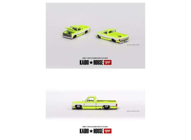 Mini GT Modeliukas 1980 Kaido House Chevrolet Silverado Kaido Works, flo yellow/white (yra Sandėlyje)