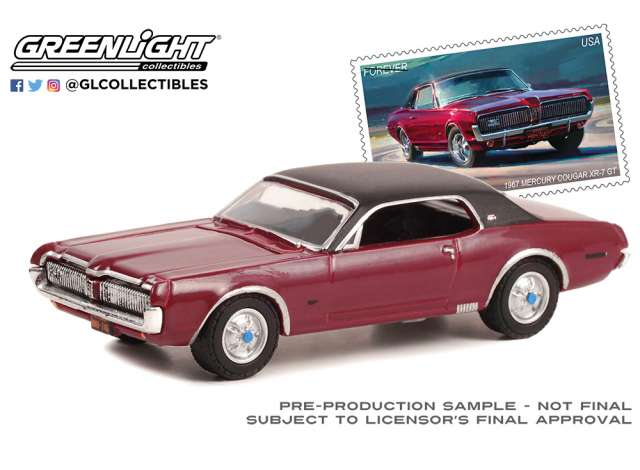PRE-ORD3R GreenLight Modeliukas 1967 Mercury Cougar XR-7 GT United States Postal Service (USPS) *2022 Pony Car Stamp Collection by Artist Tom Fritz*