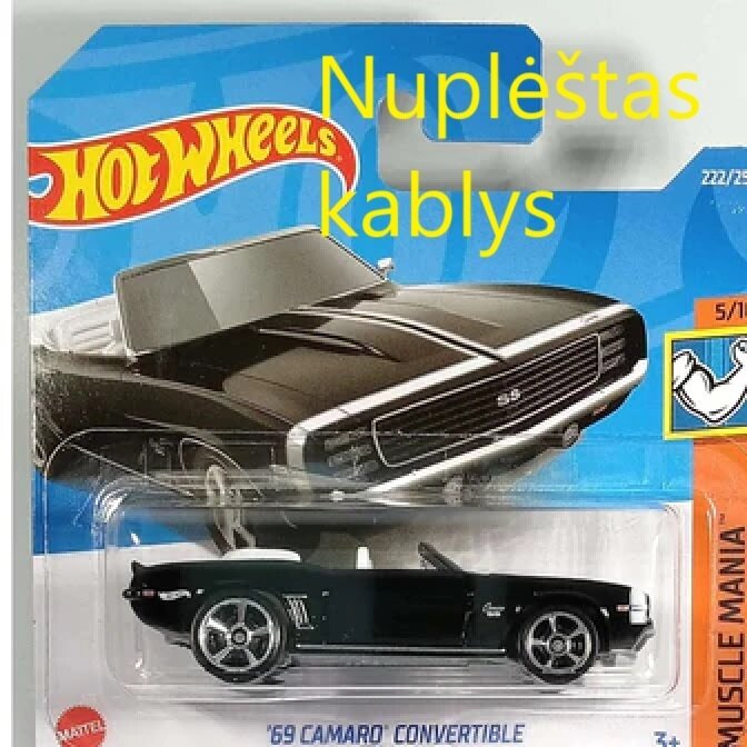 Hot Wheels Mainline Modeliukas 69 Camaro Convertible Black (kortelės būklė 7/10) (yra Sandėlyje)