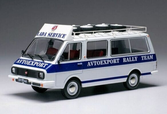 PRE-ORD3R IXO Models Modeliukas 1/43 RAF 2203 *Latvia Rally Service* Assistance with roof rack and wheels, white/blue
