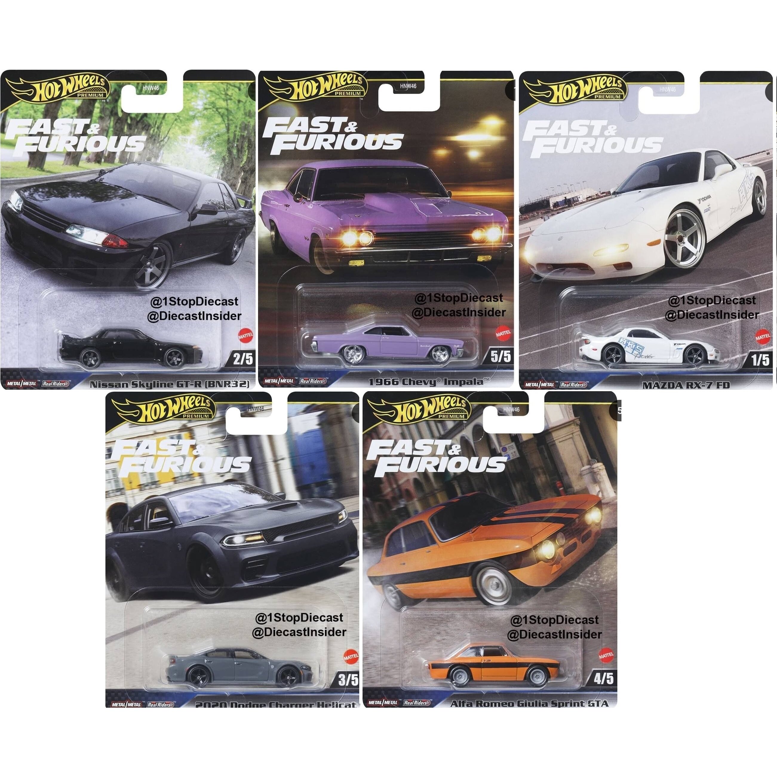 PRE-ORDER Hot Wheels Premium Fast Furious 2025 Modeliukų rinkinys (Nissan Skyline R32,Chevy Impala,Mazda RX-7,Dodge Charger Hellcat,Alfa Romeo Giulia Sprint GTA)