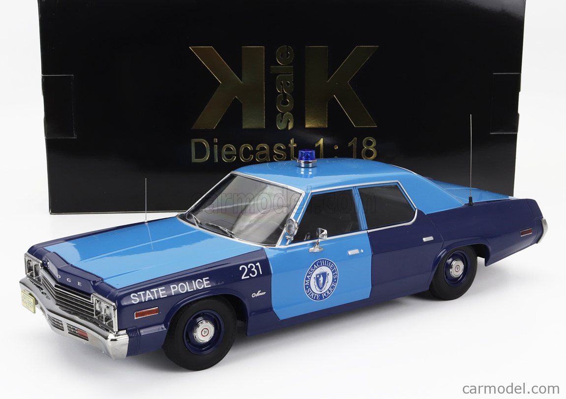 PRE-ORD3R KK Scale Modeliukas 1/18 1974 Dodge Monaco *Massachusetts State Police*, blue