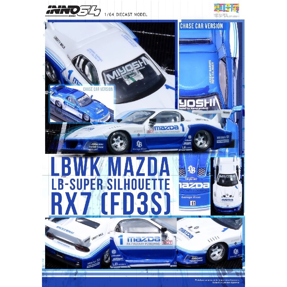 Inno64 Modeliukas 1/64 LBWK Mazda RX7 (FD3S) LB Super Silhouette *Hong Kong Toy Car Salon 2024 Special Edition*, white/blue (yra Sandėlyje)