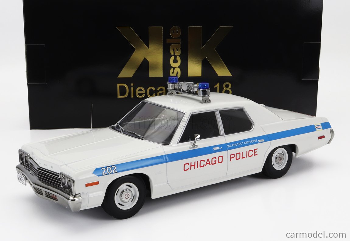 PRE-ORD3R KK Scale Modeliukas 1/18 1974 Dodge Monaco *Chicago Police*, white/blue