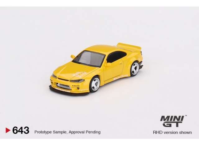 IŠPAKUOTAS!!!   Mini GT Modeliukas Nissan Silvia (S15) Rocket Bunny, bronze yellow (yra Sandėlyje)