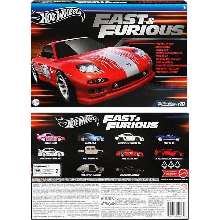 Hot Wheels Fast and Furious 10 Car Pack Modeliukų rinkinys (Honda S2000,Mazda RX-8,Porsche Cayman GT4,Ford GT-40,Jetta MK3,RX-7,Lykan Hypersport,Dodge Charge) (yra Sandėlyje)