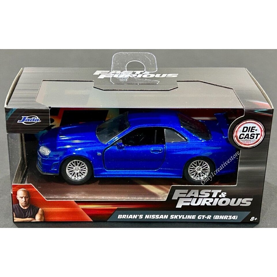 Jada Toys Modeliukas #97185 1/32 Brain's Nissan Skyline GTR (BNR34) *Fast and Furious*, blue (yra Sandėlyje)