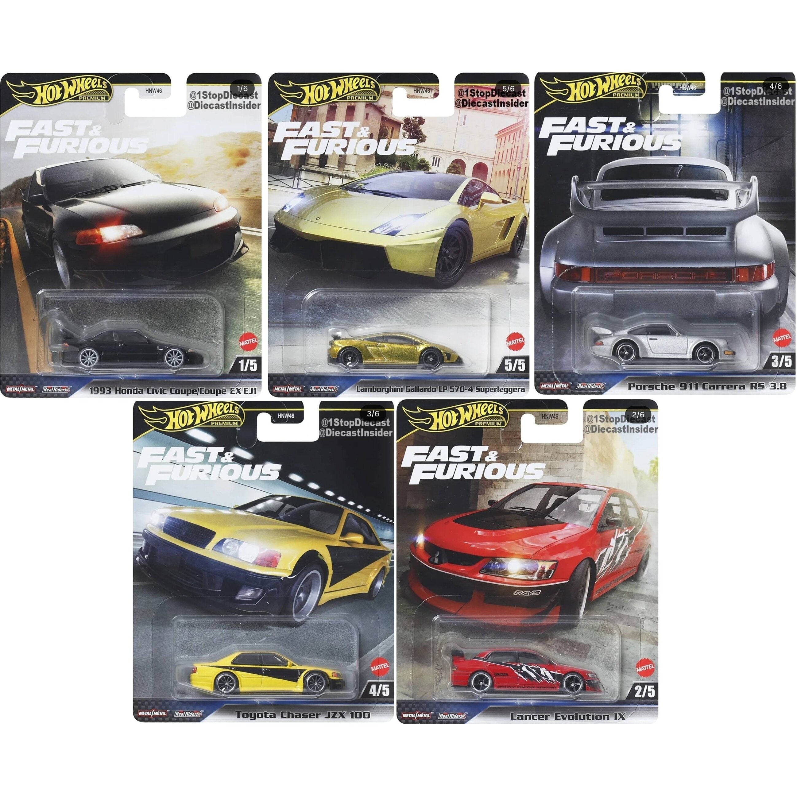 PRE ORDER Hot Wheels Fast and Furious Modeliukas (Toyota Chaser JZX100,Honda Civic Coupé,Lamborghini Gallardo,Mitsubishi Lancer Evo IX,Porsche 911 Carrera)