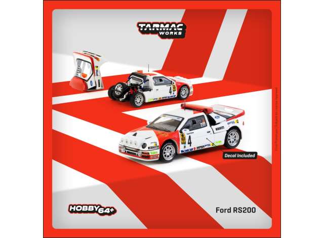 PRE-ORD3R Tarmac Modeliukas 1/64 1986 Ford RS200 #4 Antonio Zanini/Josep Autet Rallye Catalunya, white/red