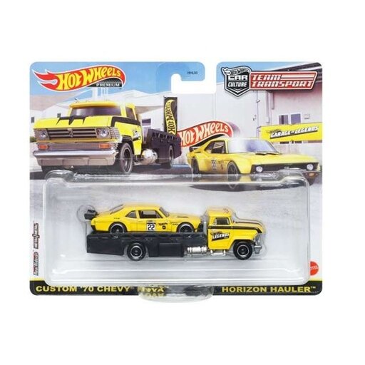 Hot Wheels Premium Team Transport Modeliukas Custom Chevrolet Nova & Horizon Hauler Truck, Limited Edition *Garaga Legens*, yellow/black
