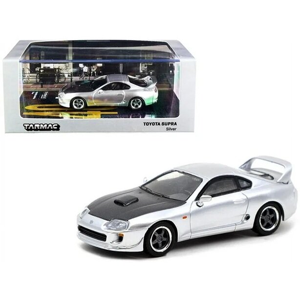 SKILĘS BLISTERIS!!!! Tarmac Works Modeliukas Toyota Supra silver with carbon fiber pattern on the hood (yra sandėlyje)