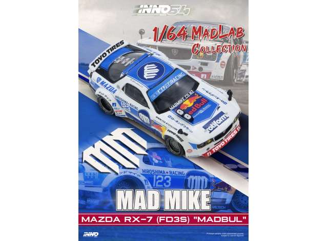 PRE-ORD3R Inno64 Modeliukas 1/64 Mazda RX7 (FD3S) *Pandem Rocket Bunny Madbul Madlab Collection 001, white/blue