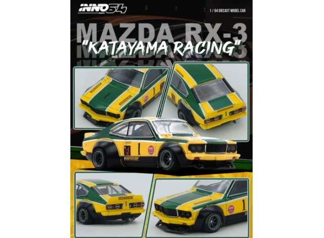 PRE-ORD3R Inno64 Modeliukas 1/64 Mazda Savanna RX3 *Katayama Racing* Livery, yellow/green