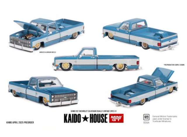 PRE-ORD3R Mini GT Modeliukas 1/64 Chevrolet Silverado Dually Vintage Spec V1, blue/white