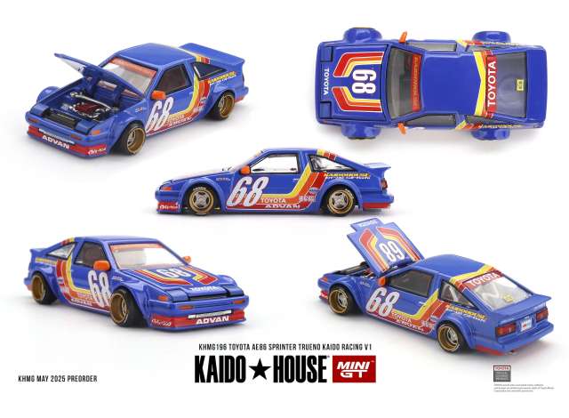 PRE-ORD3R Mini GT Modeliukas 1/64 1983 Toyota AE86 Sprinter Trueno *Kaido Racing* V1, blue/orange/red/yellow