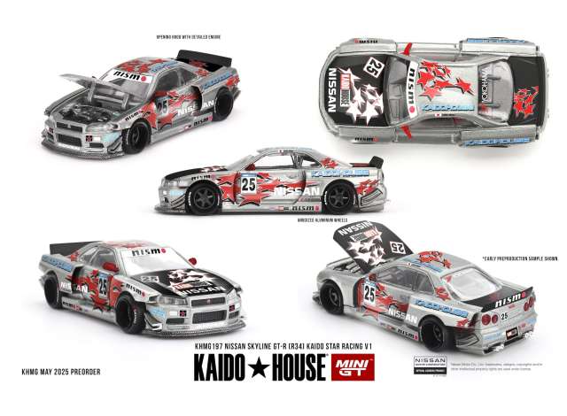 PRE-ORD3R Mini GT Modeliukas 1/64 1999 Nissan Skyline GT-R (R34) *Kaido Star Racing* V1, silver/red/black