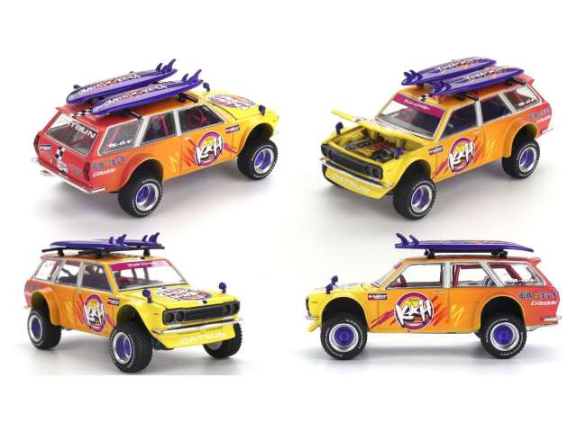 PRE-ORD3R Mini GT Modeliukas 1/64 1969 Datsun 510 Wagon 4x4 Kaido Islands V1, various