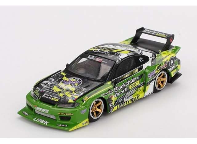 PRE-ORD3R Mini GT Modeliukas 1/64 2024 Nissan Silvia S15LB-Super Silhouette #555 V2 Formula Drift Japan, green/yellow