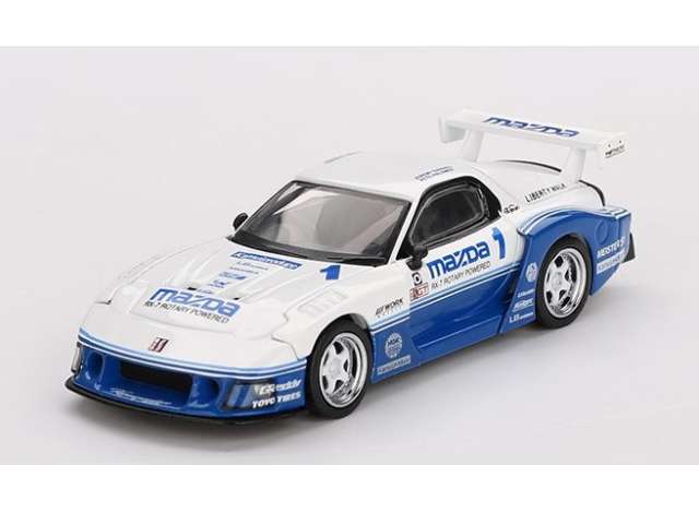 PRE-ORD3R Mini GT Modeliukas 1/64 2024 Mazda RX7 (FD3S) LB-Super Silhouette IMSA, white/blue