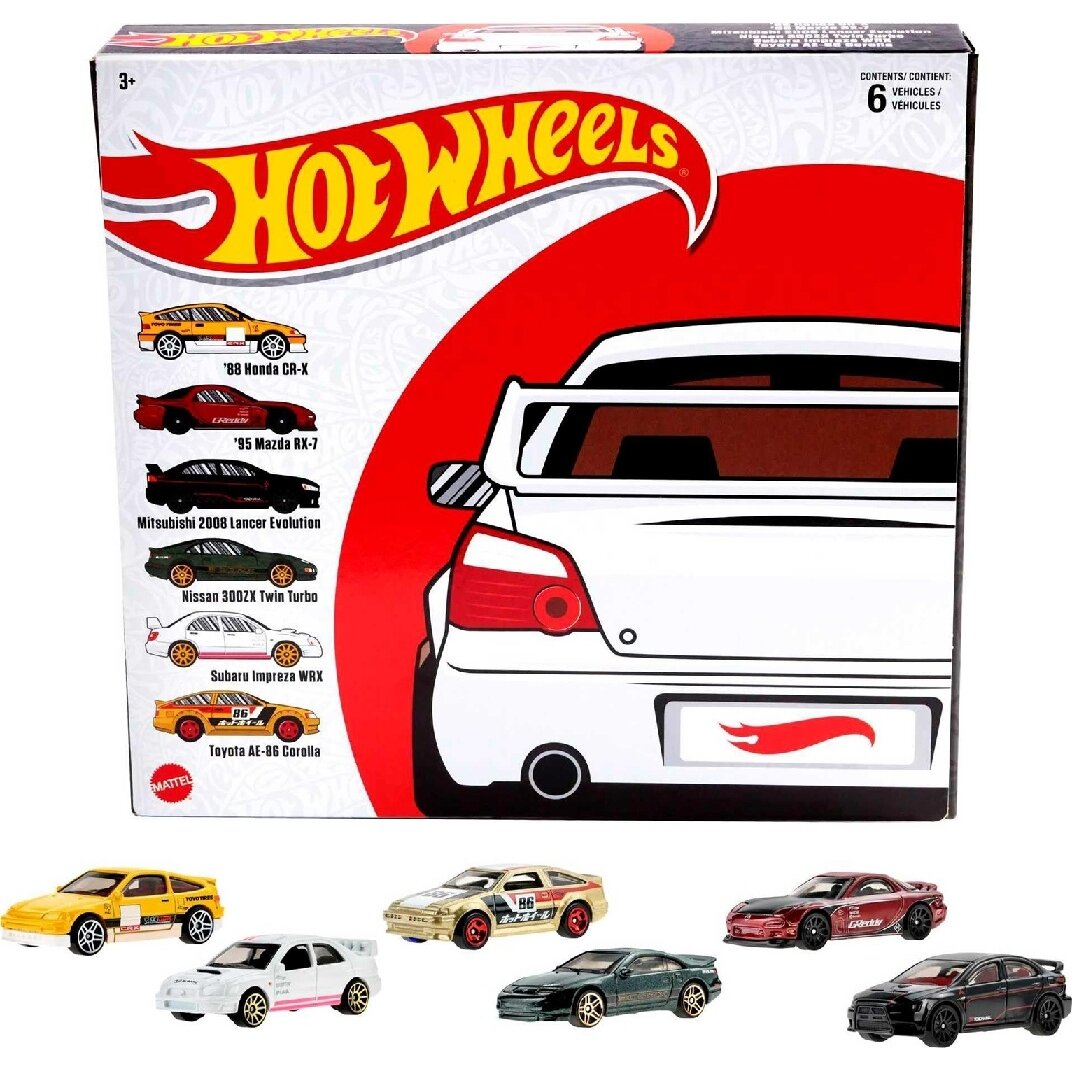 Hot Wheels Mainline Modeliukas Japanese Multipack of 6 (Honda CR-X,Mazda RX-7,Mitsubishi Lancer EVO,Nissan 300zx,Subaru Impreza WRX,Toyota AE86 Corolla) (yra Sandėlyje)