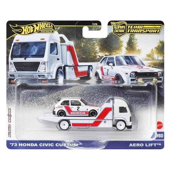 Hot Wheels Premium Team Transport Modeliukas 1973 Honda Civic Custom & Aero Lift Truck, white/red (yra Sandėlyje)