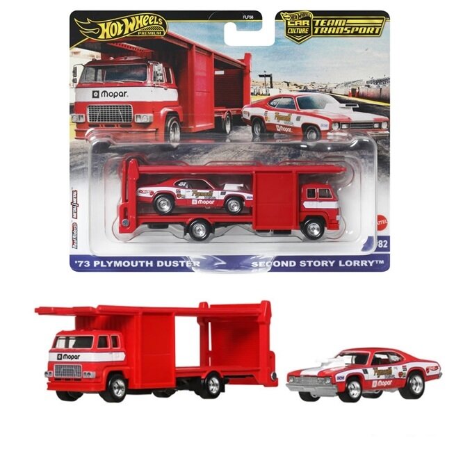 Hot Wheels Premium Team Transport Modeliukas 1973 Plymouth Duster & Second Story Lorry, red/white (yra Sandėlyje)