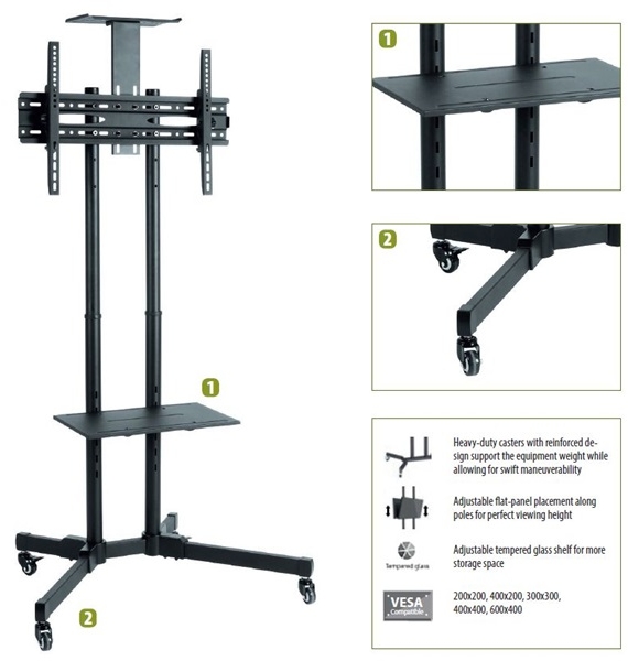 Televizoriaus stovas Sunne Floor stand, S112 multifunctional Mobile TV cart, 37-70", Tilt, Black