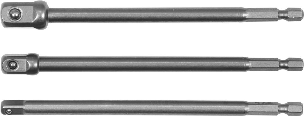 Adapterių komplektas | ilgi | iš 1/4"(6,3 mm) į galvutes 1/4" - 3/8" - 1/2" | 150 mm (YT-04628)