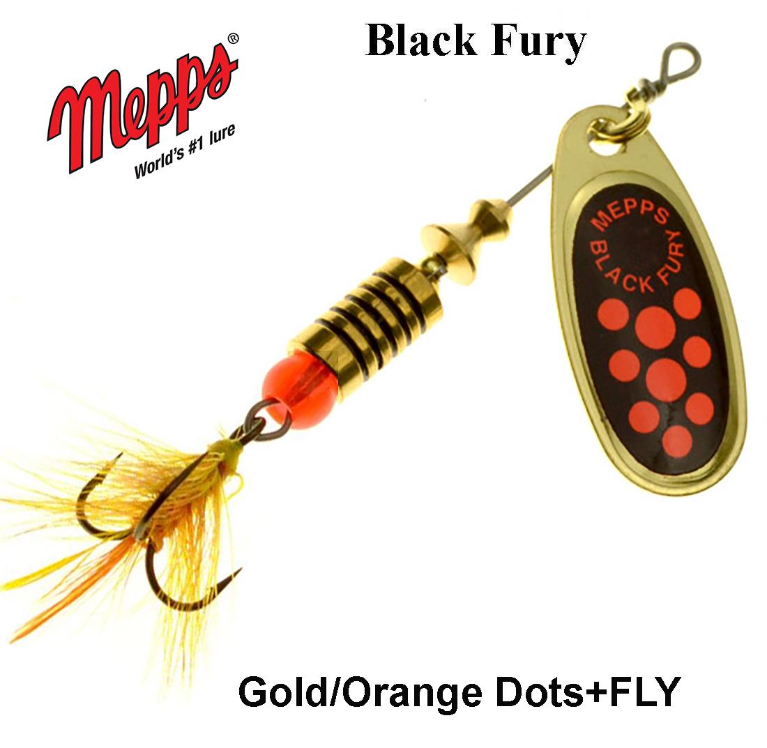 Sukriukė Mepps Black Fury Gold Orange Dots + Fly 2 g