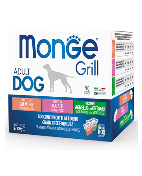 Monge Grill Mix konservų rinkinys šunims su lašiša, kiauliena ir ėriena, 12x100 g