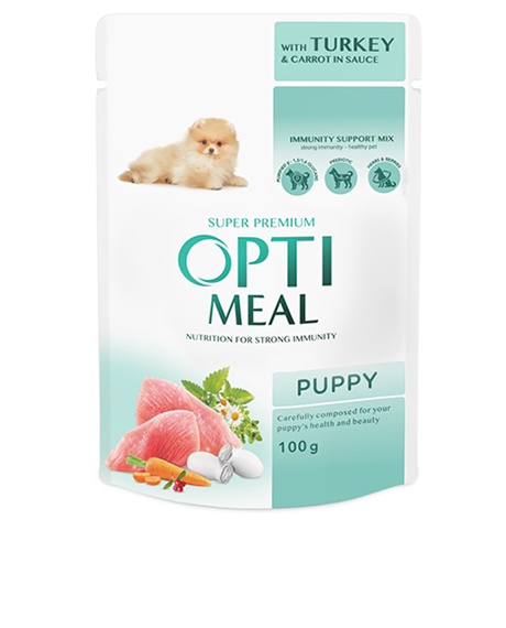 Optimeal Puppy konservai šuniukams su kalakutiena ir morkomis padaže, 100 g