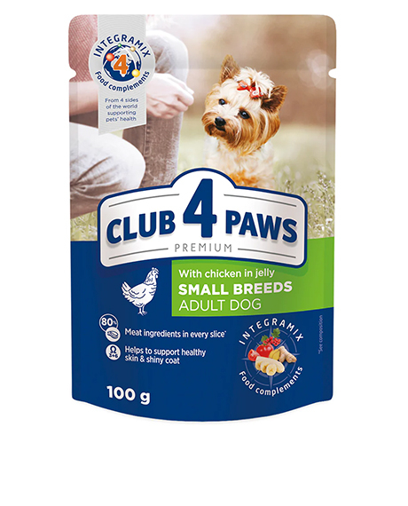 Club 4 Paws konservai mažų veislių šunims su vištiena drebučiuose, 100 g