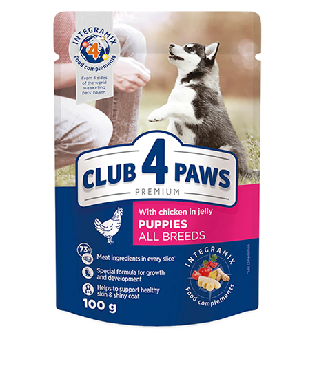 Club 4 Paws Puppies konservai šuniukams su vištiena drebučiuose, 100 g